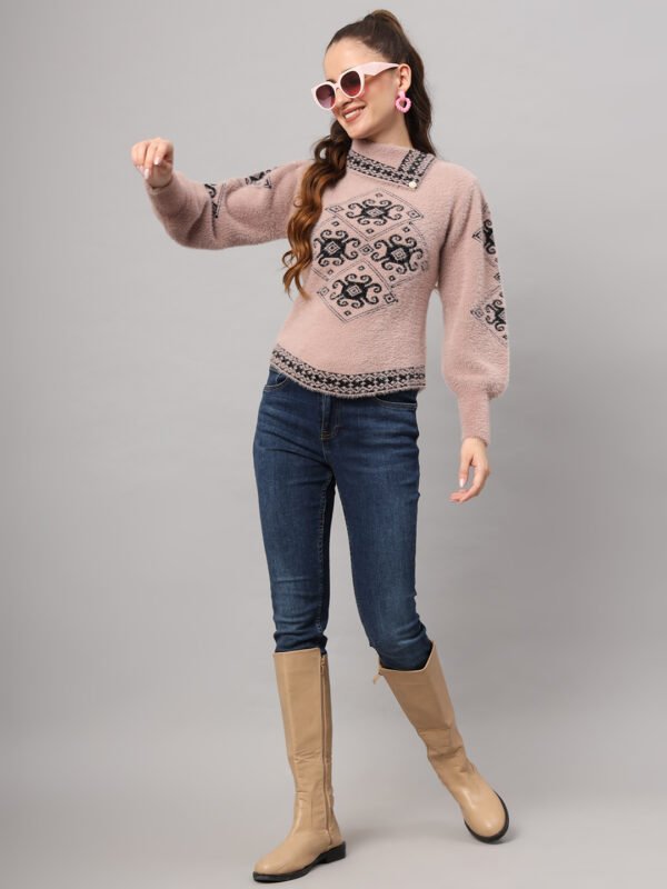 Dusty pink women’s short-length winter sweater top with black ethnic pattern, asymmetric buttoned neckline, and full sleeves