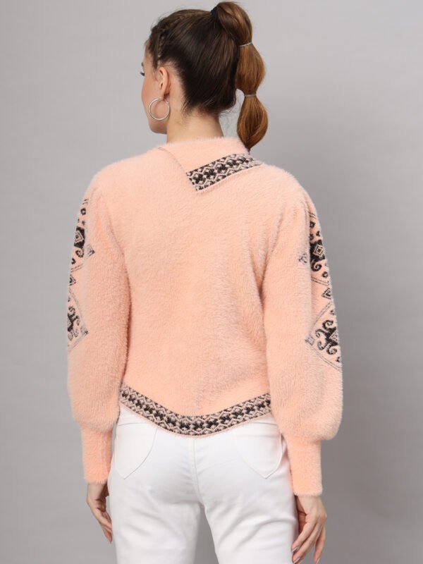 Women's Peach & Black Ethnic Pattern Short-Length Winter Sweater Top
