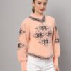 Women's Peach & Black Ethnic Pattern Short-Length Winter Sweater Top