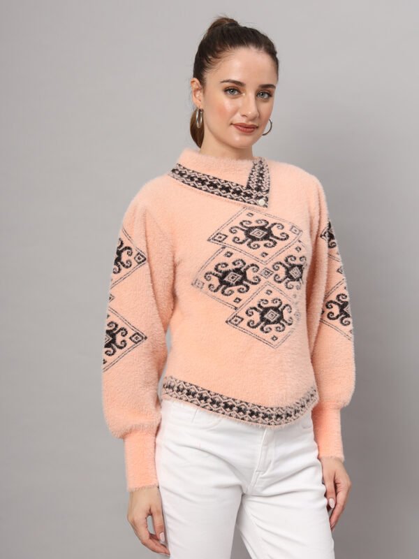 Women's Peach & Black Ethnic Pattern Short-Length Winter Sweater Top