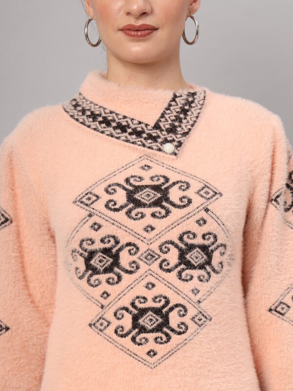 Women's Peach & Black Ethnic Pattern Short-Length Winter Sweater Top
