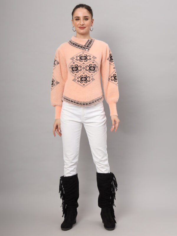 Women's Peach & Black Ethnic Pattern Short-Length Winter Sweater Top