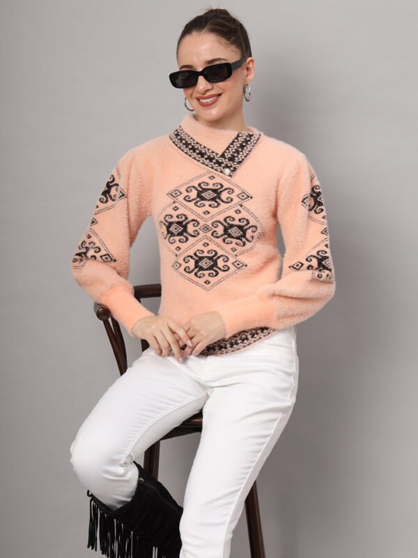 Women's Peach & Black Ethnic Pattern Short-Length Winter Sweater Top