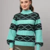 Sea green women’s short-length winter sweater top with black geometric pattern, high ribbed neck, and balloon sleeves