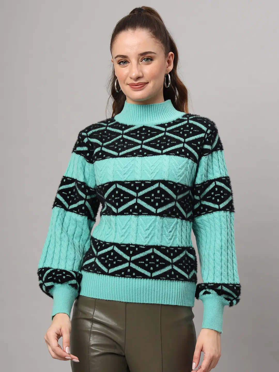 Sea green women’s short-length winter sweater top with black geometric pattern, high ribbed neck, and balloon sleeves Sea green women’s short-length winter sweater top with black geometric pattern, high ribbed neck, and balloon sleeves