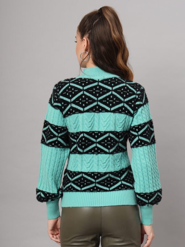 Women's Sea Green & Black Geometric Pattern Short-Length Winter Sweater Top