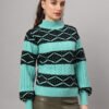 Women's Sea Green & Black Geometric Pattern Short-Length Winter Sweater Top