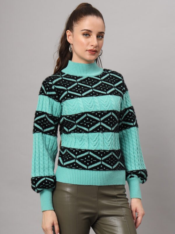 Women's Sea Green & Black Geometric Pattern Short-Length Winter Sweater Top