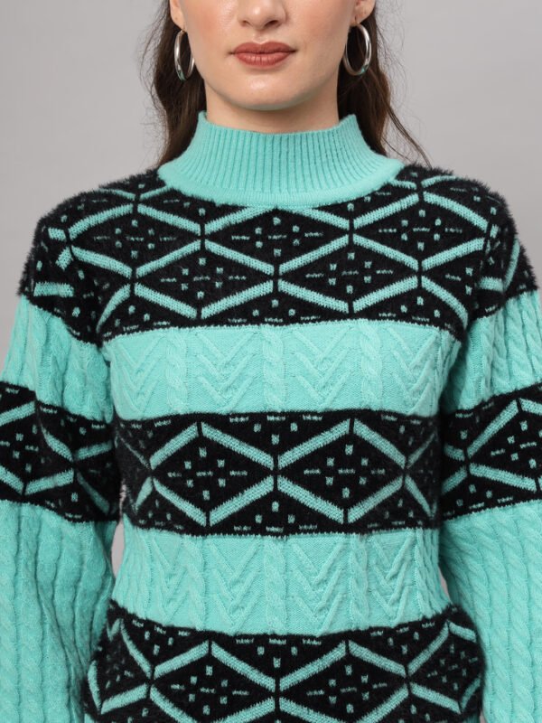 Women's Sea Green & Black Geometric Pattern Short-Length Winter Sweater Top