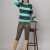 Sea green women’s short-length winter sweater top with black geometric pattern, high ribbed neck, and balloon sleeves