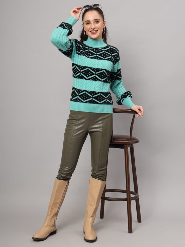 Sea green women’s short-length winter sweater top with black geometric pattern, high ribbed neck, and balloon sleeves