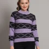 Women’s lavender and black geometric cable knit short-length winter sweater top with ribbed mock neck and full sleeves
