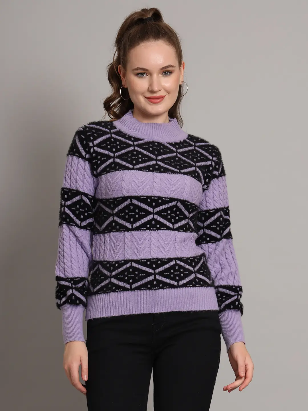 Women’s lavender and black geometric cable knit short-length winter sweater top with ribbed mock neck and full sleeves