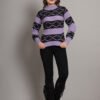 Women’s lavender and black geometric cable knit short-length winter sweater top with ribbed mock neck and full sleeves