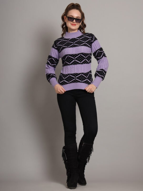 Women’s lavender and black geometric cable knit short-length winter sweater top with ribbed mock neck and full sleeves