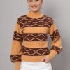 Women’s mustard and chocolate brown geometric cable knit short-length winter sweater top with ribbed high neck and balloon sleeves