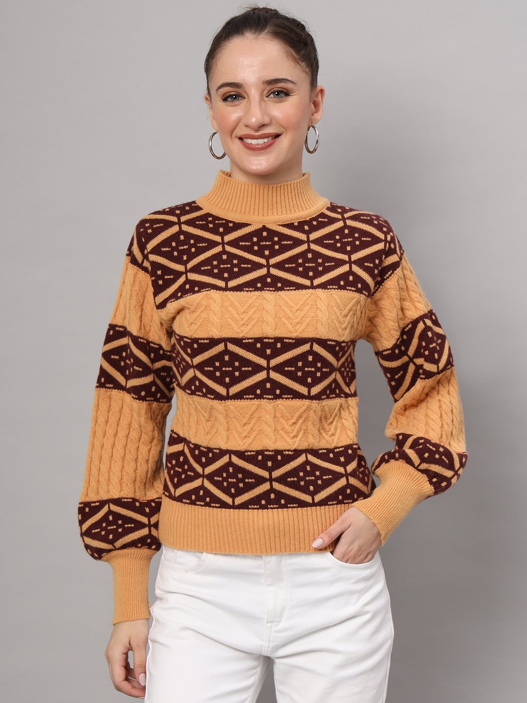 Women’s mustard and chocolate brown geometric cable knit short-length winter sweater top with ribbed high neck and balloon sleeves