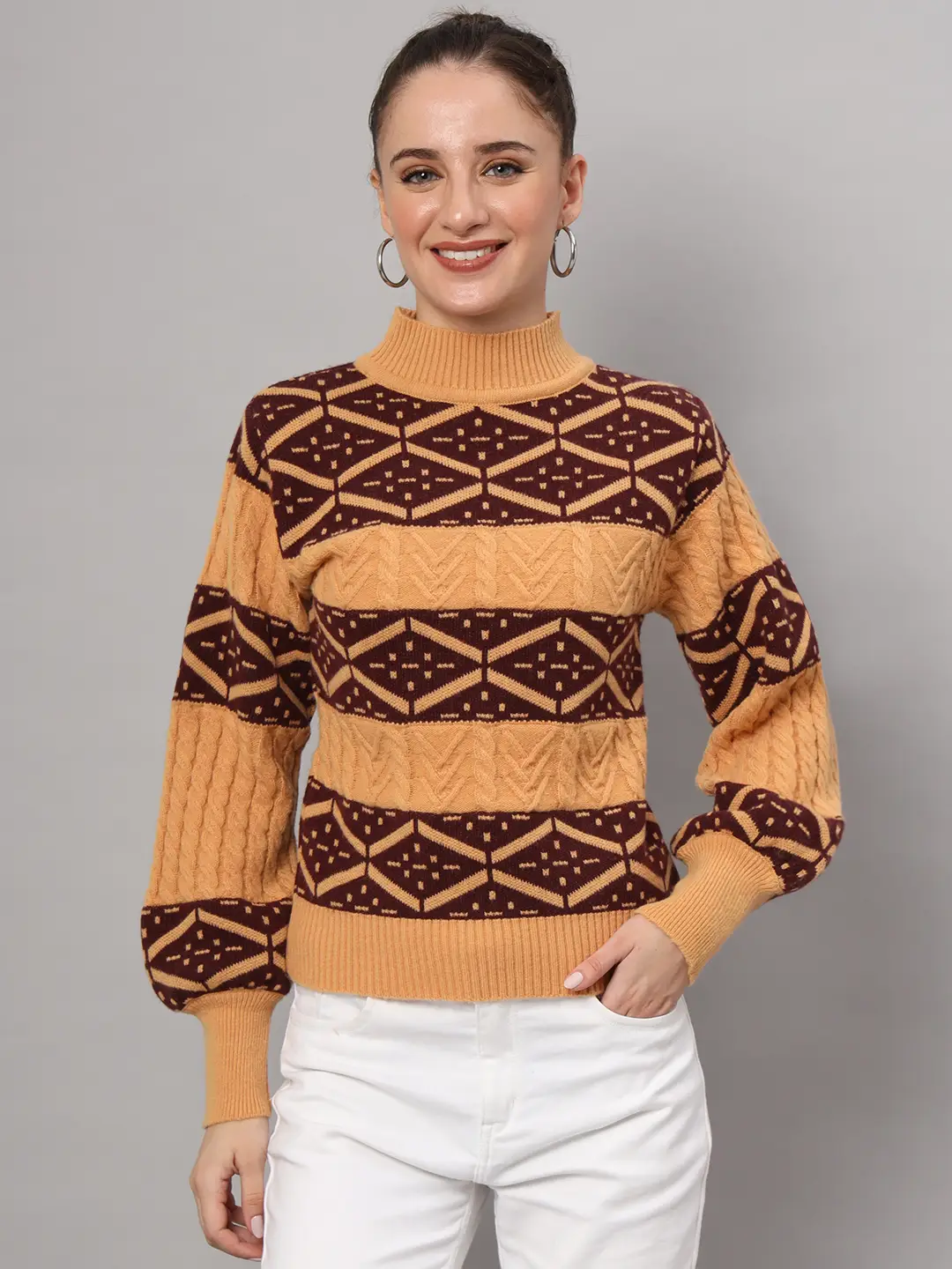Women’s mustard and chocolate brown geometric cable knit short-length winter sweater top with ribbed high neck and balloon sleeves