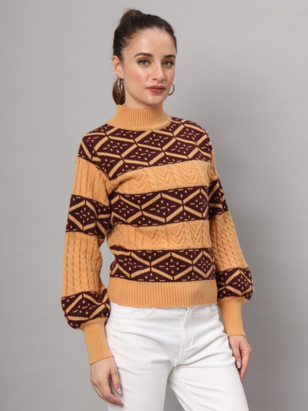 Mustard & Chocolate Brown Knit Short-Length Winter Sweater Top