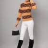 Women’s mustard and chocolate brown geometric cable knit short-length winter sweater top with ribbed high neck and balloon sleeves