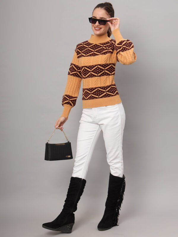 Women’s mustard and chocolate brown geometric cable knit short-length winter sweater top with ribbed high neck and balloon sleeves