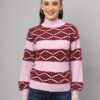 Women’s blush pink and maroon geometric cable knit short-length winter sweater top with ribbed mock neck and balloon sleeves