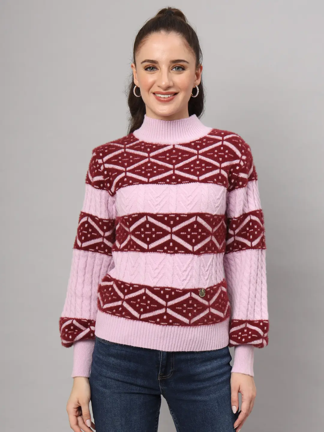 Women’s blush pink and maroon geometric cable knit short-length winter sweater top with ribbed mock neck and balloon sleeves