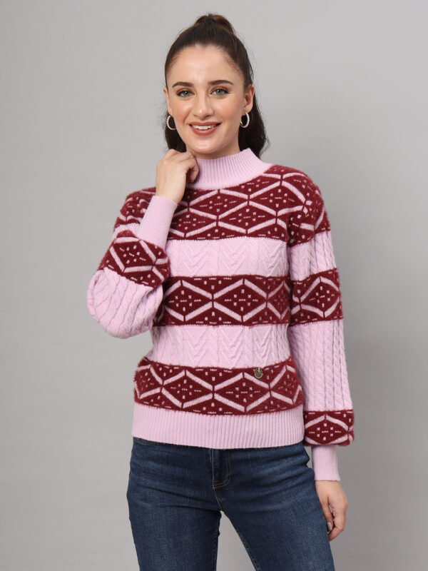 Blush Pink & Maroon Knit Short-Length Winter Sweater Top