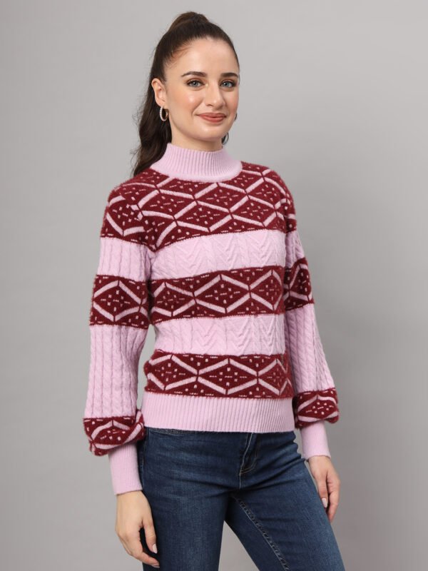 Blush Pink & Maroon Knit Short-Length Winter Sweater Top