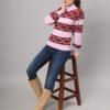 Women’s blush pink and maroon geometric cable knit short-length winter sweater top with ribbed mock neck and balloon sleeves