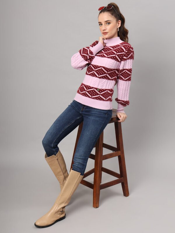 Women’s blush pink and maroon geometric cable knit short-length winter sweater top with ribbed mock neck and balloon sleeves