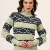 Women's pistachio and navy geometric cable knit short-length winter sweater top with ribbed mock neck and balloon sleeves