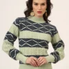 Women's pistachio and navy geometric cable knit short-length winter sweater top with ribbed mock neck and balloon sleeves