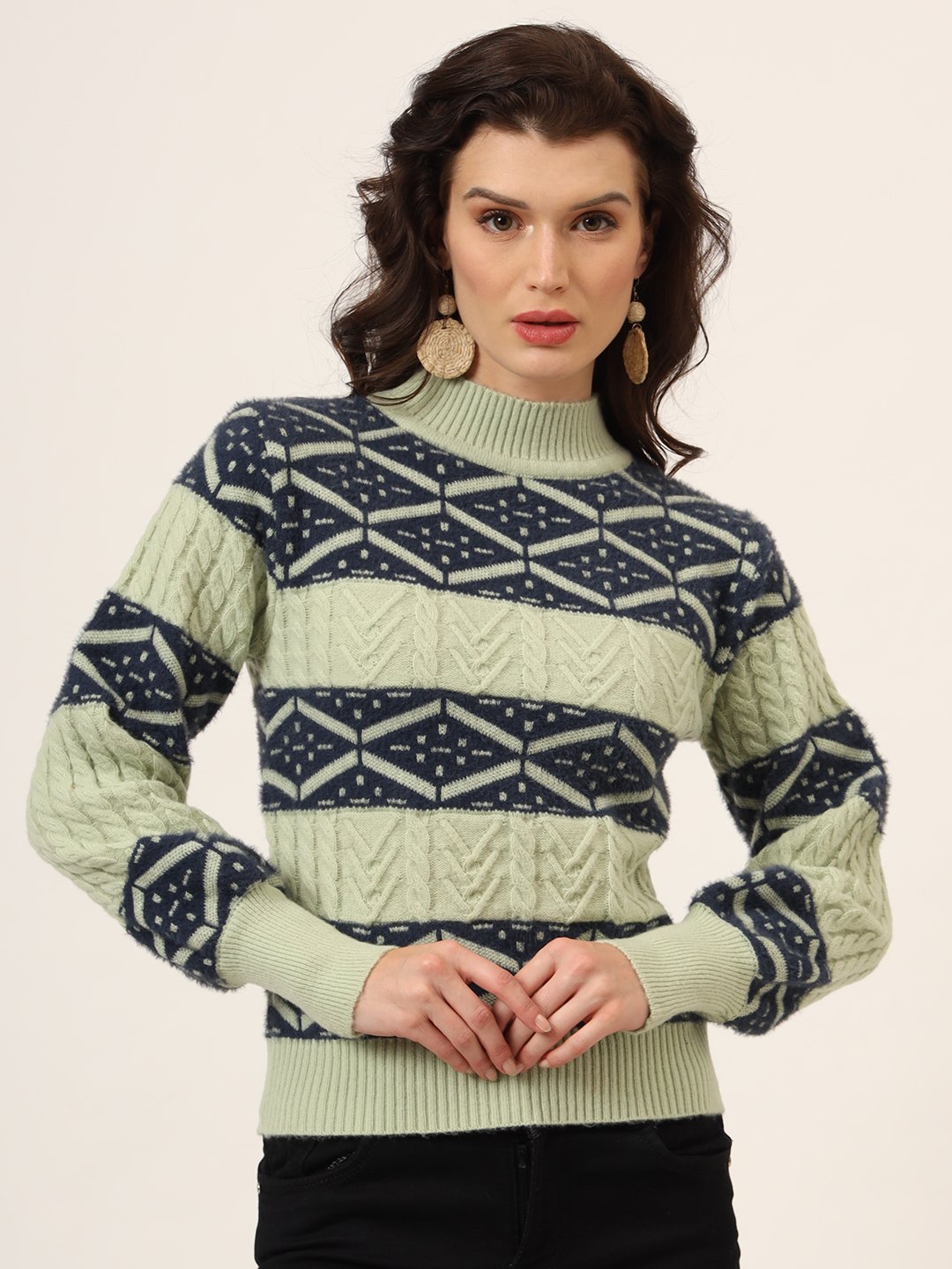 Women's pistachio and navy geometric cable knit short-length winter sweater top with ribbed mock neck and balloon sleeves