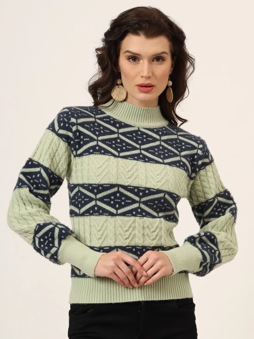 Women's pistachio and navy geometric cable knit short-length winter sweater top with ribbed mock neck and balloon sleeves