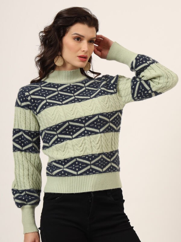 Pistachio & Navy Knit Short-Length Winter Sweater Top