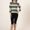 Women's pistachio and navy geometric cable knit short-length winter sweater top with ribbed mock neck and balloon sleeves