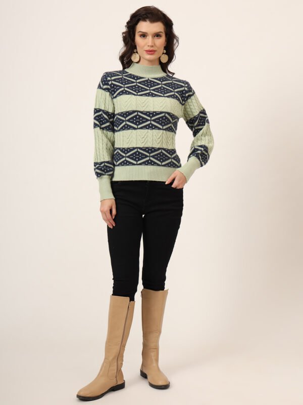 Women's pistachio and navy geometric cable knit short-length winter sweater top with ribbed mock neck and balloon sleeves