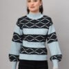 Women's sky blue and black geometric cable knit short-length winter sweater top with ribbed mock neck and balloon sleeves