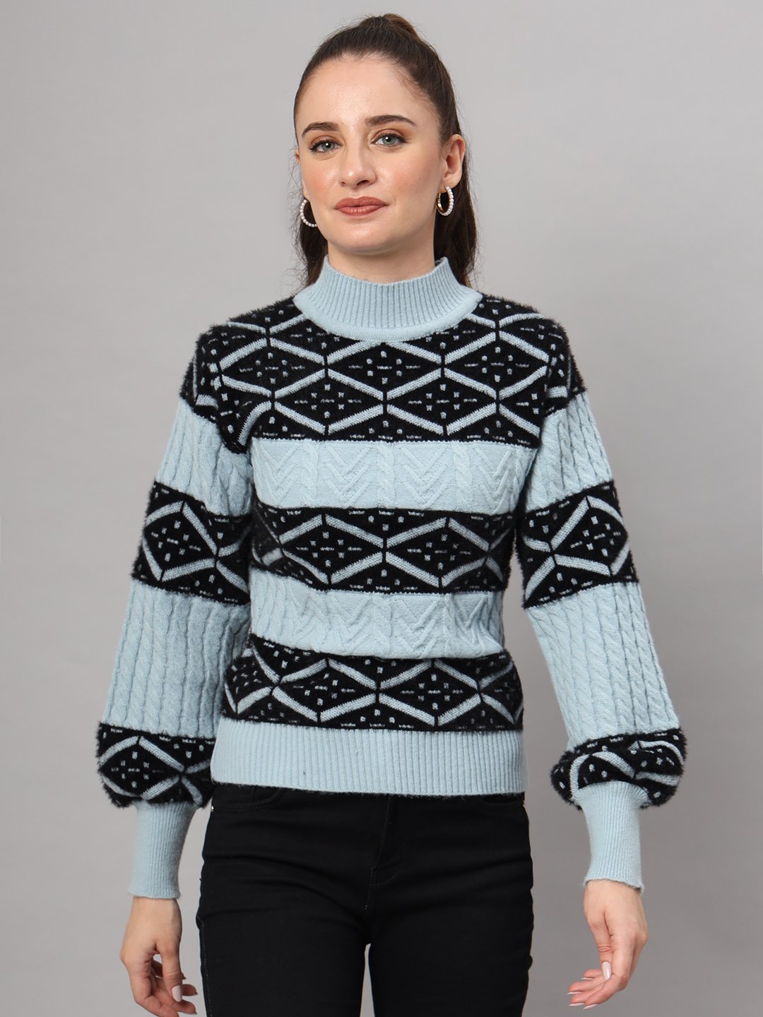 Women's sky blue and black geometric cable knit short-length winter sweater top with ribbed mock neck and balloon sleeves