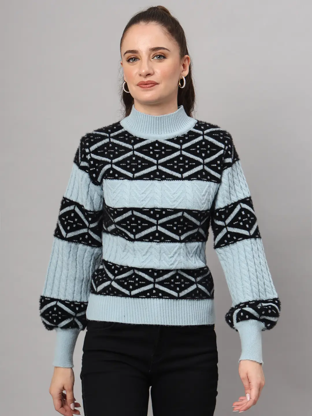 Women's sky blue and black geometric cable knit short-length winter sweater top with ribbed mock neck and balloon sleeves