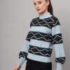 Sky Blue & Black Knit Short-Length Winter Sweater Top