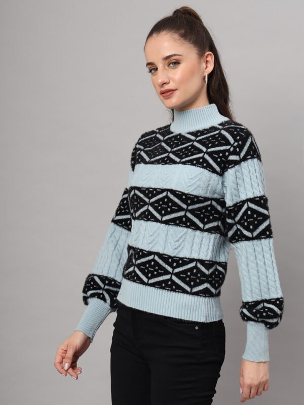 Sky Blue & Black Knit Short-Length Winter Sweater Top