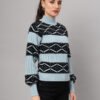 Sky Blue & Black Knit Short-Length Winter Sweater Top