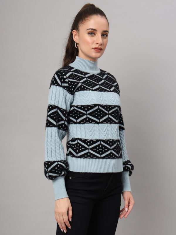 Sky Blue & Black Knit Short-Length Winter Sweater Top