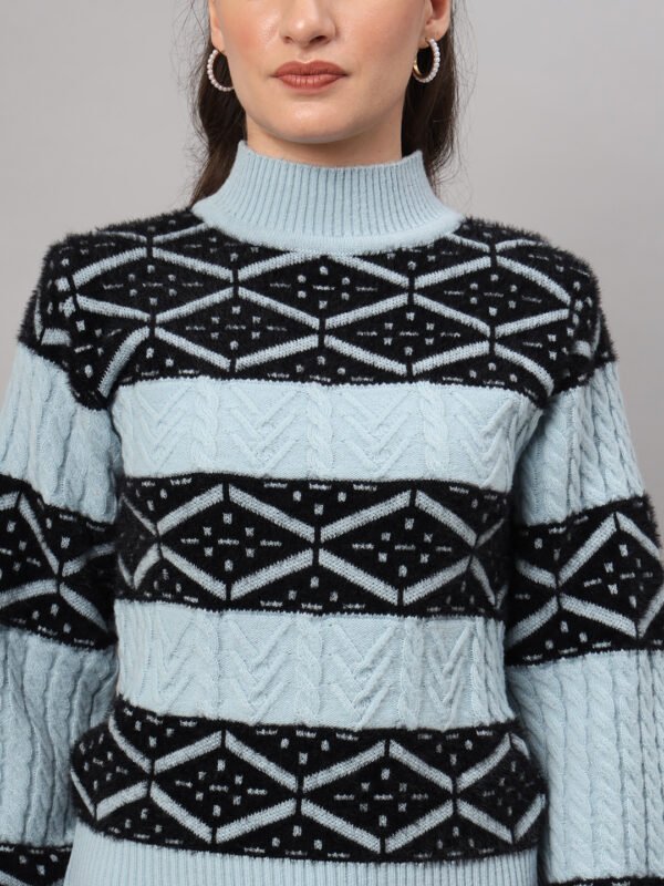 Sky Blue & Black Knit Short-Length Winter Sweater Top