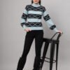 Women's sky blue and black geometric cable knit short-length winter sweater top with ribbed mock neck and balloon sleeves