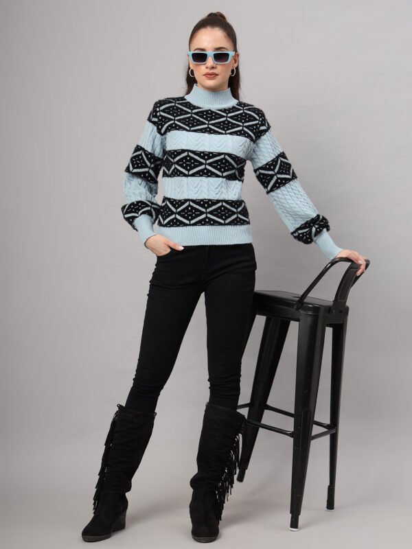 Women's sky blue and black geometric cable knit short-length winter sweater top with ribbed mock neck and balloon sleeves