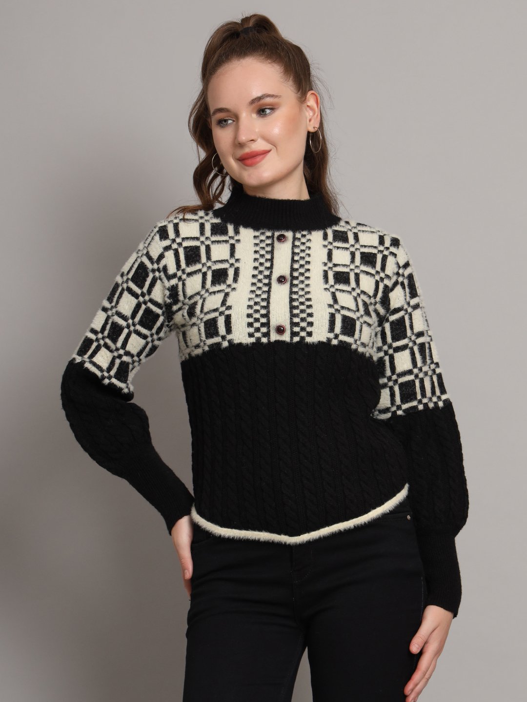 Women's black and ivory geometric Nordic cable knit short-length winter sweater top with ribbed high neck, buttons, and balloon sleeves