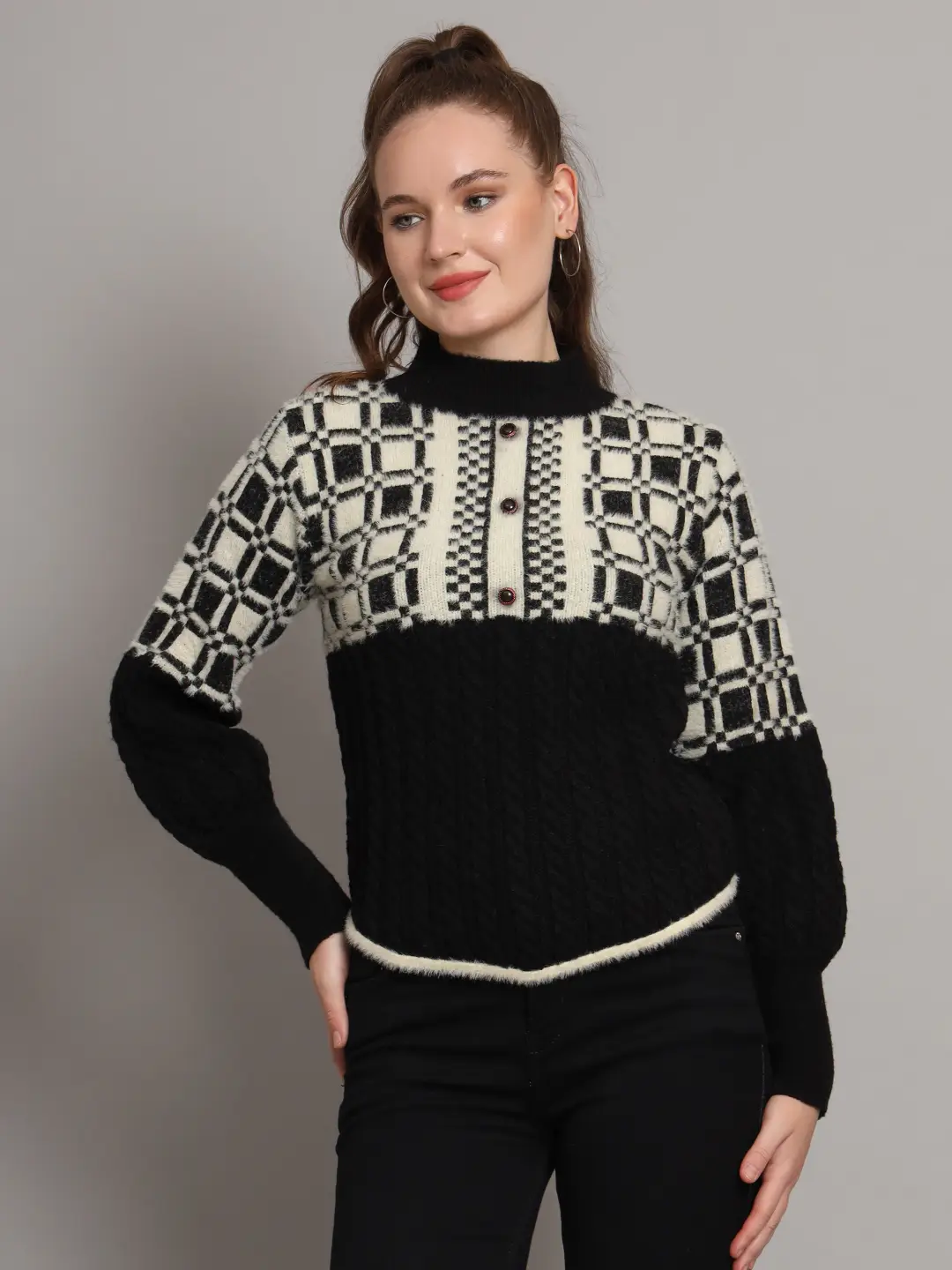 Women's black and ivory geometric Nordic cable knit short-length winter sweater top with ribbed high neck, buttons, and balloon sleeves